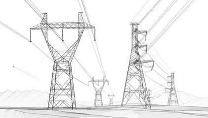 High voltage transmission systems. Electric pole. Power lines. Energy pylons. Black outlines image on mountain background. A network of interconnected electrical. Vector design illustration