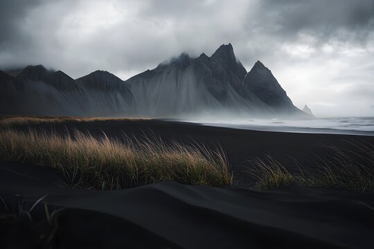 Ethereal view of jagged mountain peaks shrouded in mist above vast black sand beach with windblown grass dunes along the coastline under dark heavy clouds during cinematic evening in remote terrain