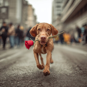 A cute Vizsla dog holds a red rose in its mouth as it runs towards the camera through the streets of a big city, a Valentine's Day holiday concept.