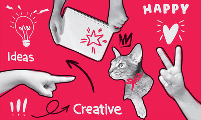 Creative Ideas Vector Collage with Cat, Hands and Doodles, Modern Pop Art Style Illustration for Design, Marketing, Branding and Social Media