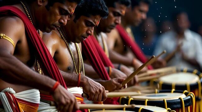 Men playing traditional drums during a festival in India