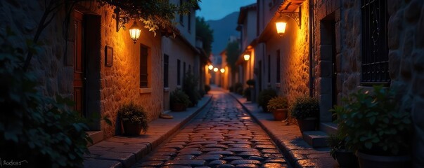 Fototapeta premium A flickering candle illuminates a cobblestone street at night, casting warm light and long shadows The scene evokes a sense of quiet mystery and old-world charm , yellow, moody, night