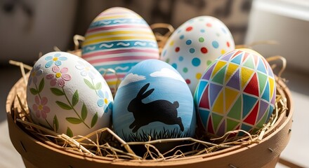 Colorful easter eggs decorated with patterns and a bunny in a basket