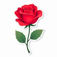 A vibrant red rose sticker with green leaves on a white background
