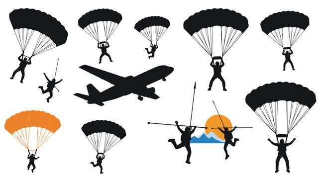 Collection of skydiving silhouettes showing people jumping with parachutes and an airplane flying through the clouds.