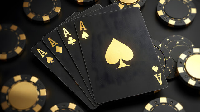 Four aces playing cards with gold symbols on black background with poker chips