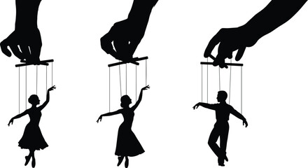 Black silhouettes of people controlled by puppeteers puppets marionettes white background