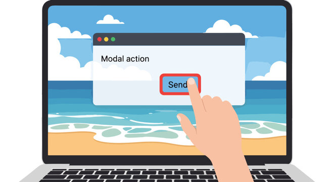 Hand clicking 'Send' button on laptop screen, displaying modal window over beach background. Symbolizes online communication, data submission, and digital interaction.
