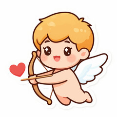 Fototapeta premium A cute cartoon cherub with wings holding a bow and arrow, aiming at a heart