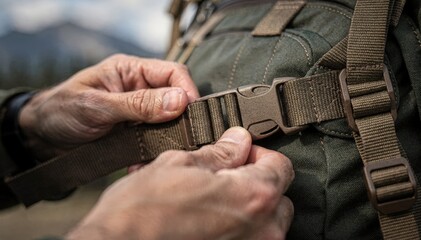 Focused view of an outdoor enthusiast adjusting a durable webbing strap on a rugged backpack showcasing functionality and secure attachment.