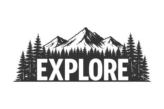 Professional black silhouette vector badge design for explore theme featuring majestic mountain peaks and a dense pine forest in a circular frame.