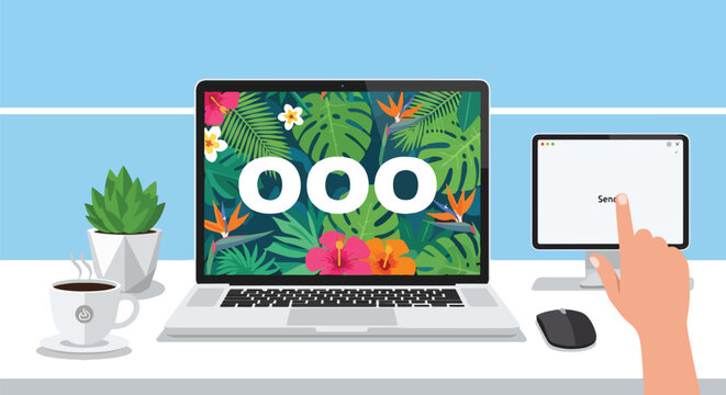 "Out of Office" automatic reply on laptop screen with tropical background, symbolizing vacation mode and digital detox in a modern workspace.