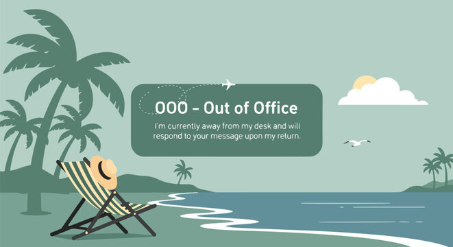 Out of Office auto-reply email template featuring a serene beach vacation scene. Perfect for holiday messages, work absence, and digital detox.