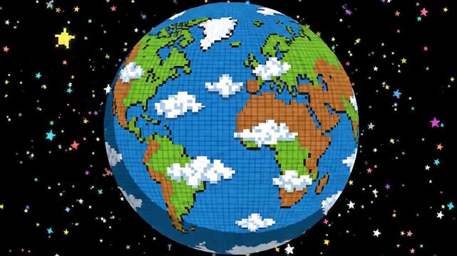 Pixelated Earth orbited by colorful, glowing stars against a deep black cosmic background