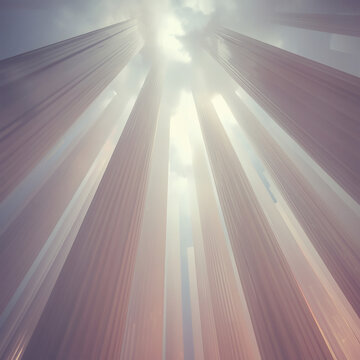 Low Angle Perspective of Towering Translucent Glass Pillars Reaching into a Cloudy Sky (generative ai)