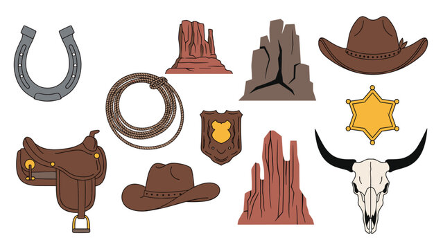 Traditional Wild West icons featuring a cowboy hat, sheriff badge, horseshoe, lasso rope, saddle, and desert canyon mountains.