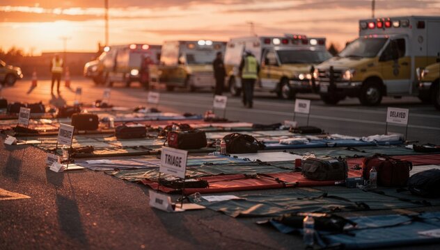 Sunsetlit staging area showing a detailed shot of medical triage tarps with multiple ambulances and conelined walkways blurred in the backdrop.