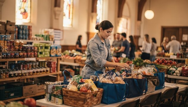 A volunteer packing groceries into bags with organized food stacks behind them in a bustling church hall pantry focus on carefilled expressions.