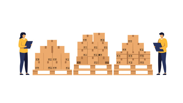 Warehouse logistics scene with workers checking inventory of cardboard boxes stacked on wooden pallets for shipping and delivery.