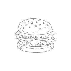 Doodle Burger Illustration Single Object. Hand Drawn Burger Line Art Sketch. Fast Food Cheeseburger Outline Drawing. Minimal Burger Doodle Isolated on White. Vintage Burger Illustration for Menu Logo