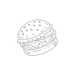 Doodle Burger Illustration Single Object. Hand Drawn Burger Line Art Sketch. Fast Food Cheeseburger Outline Drawing. Minimal Burger Doodle Isolated on White. Vintage Burger Illustration for Menu Logo