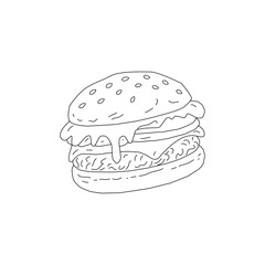 Doodle Burger Illustration Single Object. Hand Drawn Burger Line Art Sketch. Fast Food Cheeseburger Outline Drawing. Minimal Burger Doodle Isolated on White. Vintage Burger Illustration for Menu Logo