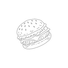Doodle Burger Illustration Single Object. Hand Drawn Burger Line Art Sketch. Fast Food Cheeseburger Outline Drawing. Minimal Burger Doodle Isolated on White. Vintage Burger Illustration for Menu Logo