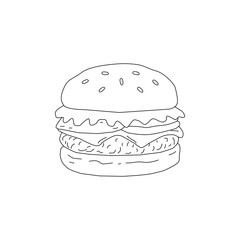 Doodle Burger Illustration Single Object. Hand Drawn Burger Line Art Sketch. Fast Food Cheeseburger Outline Drawing. Minimal Burger Doodle Isolated on White. Vintage Burger Illustration for Menu Logo