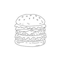 Doodle Burger Illustration Single Object. Hand Drawn Burger Line Art Sketch. Fast Food Cheeseburger Outline Drawing. Minimal Burger Doodle Isolated on White. Vintage Burger Illustration for Menu Logo