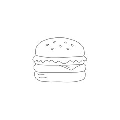 Doodle Burger Illustration Single Object. Hand Drawn Burger Line Art Sketch. Fast Food Cheeseburger Outline Drawing. Minimal Burger Doodle Isolated on White. Vintage Burger Illustration for Menu Logo