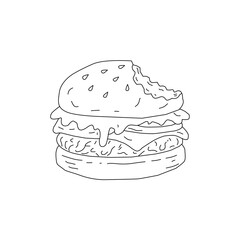 Doodle Burger Illustration Single Object. Hand Drawn Burger Line Art Sketch. Fast Food Cheeseburger Outline Drawing. Minimal Burger Doodle Isolated on White. Vintage Burger Illustration for Menu Logo