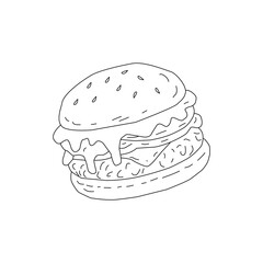 Doodle Burger Illustration Single Object. Hand Drawn Burger Line Art Sketch. Fast Food Cheeseburger Outline Drawing. Minimal Burger Doodle Isolated on White. Vintage Burger Illustration for Menu Logo