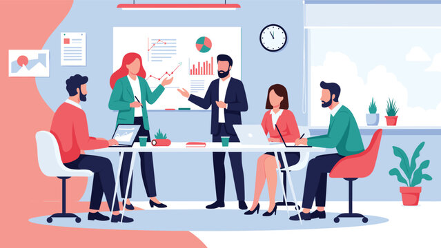 Group of business professionals having a meeting in a bright office with charts, laptops, and a presentation on a white board.