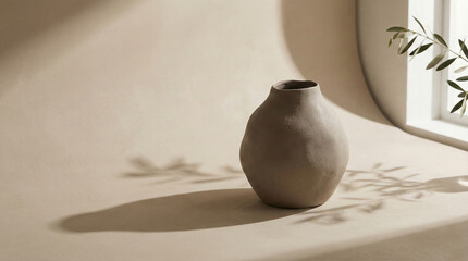 Handmade clay vase with organic shape on beige background with soft window shadows