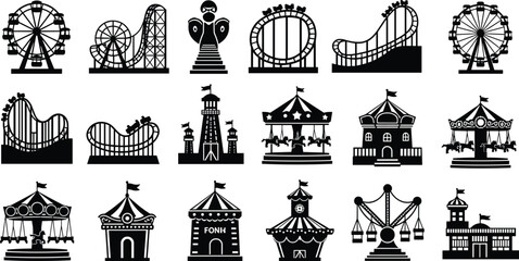 Collection of black silhouette amusement park rides and attractions theme park carnival © Riyaj Vector Valley