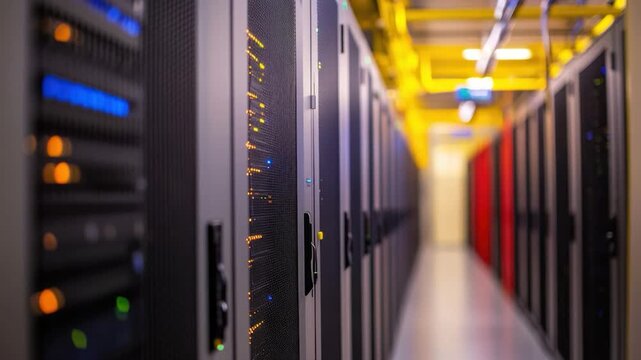 A server room hallway with rows of data storage units, lights, and a yellow ceiling
