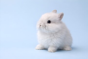 Fototapeta premium Close-up portrait of a cute fluffy white baby rabbit sitting on a solid light blue background, minimalist Easter concept.