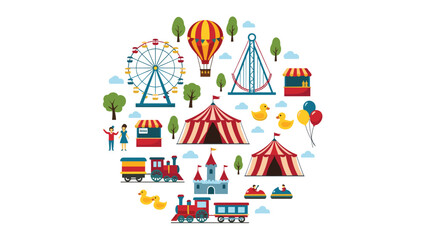 Vibrant circular arrangement of fun amusement park icons including a ferris wheel, circus tents, roller coaster, and food stalls.