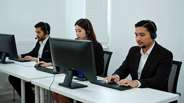 Call center agents working at desks
