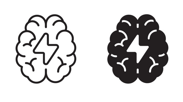 Two brain icons with lightning bolts on transparent background silhouette