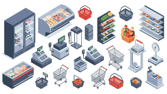 Comprehensive set of isometric supermarket elements featuring shelves, cash registers, shopping carts, baskets, and refrigerated cases.