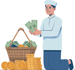 Flat vector illustration of zakat and charity in the form of money and food, symbolizing social responsibility, sharing, and Islamic generosity.

