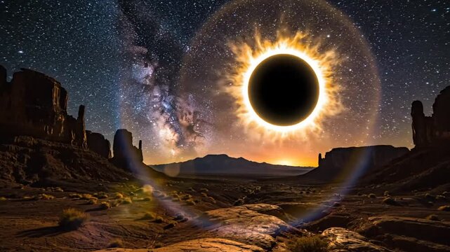 Epic nighttime view of a total solar eclipse over majestic desert landscape with starry skies