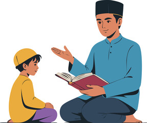 Flat vector illustration of a father teaching a child to read a book, symbolizing education, learning, family guidance, and knowledge sharing.
