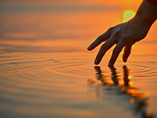 夕日の水面に触れる