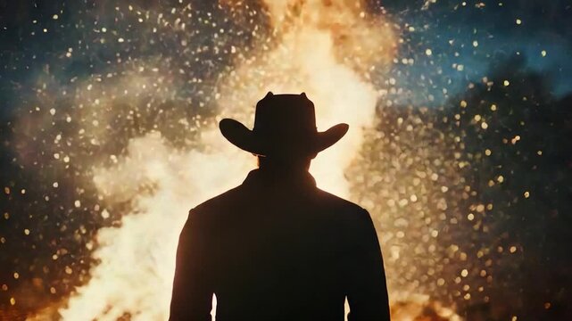 A silhouetted figure in a cowboy hat stands before an explosion of sparks and light
