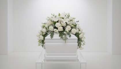 White coffin adorned with exquisite funeral flowers wreath. A symbol of remembrance and mourning for funeral service.