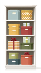 Colorful gift boxes on shelves for celebrations and organization display