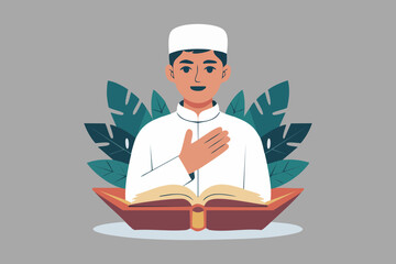 Flat vector illustration of a Muslim man reading the Quran, representing Islamic faith, spirituality, learning, and religious devotion.

