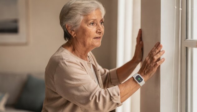 Medium shot of elderly woman wearing a discreet fallalert wrist tag with hand raised as if steadying herself blurred background emphasizing alert device.
